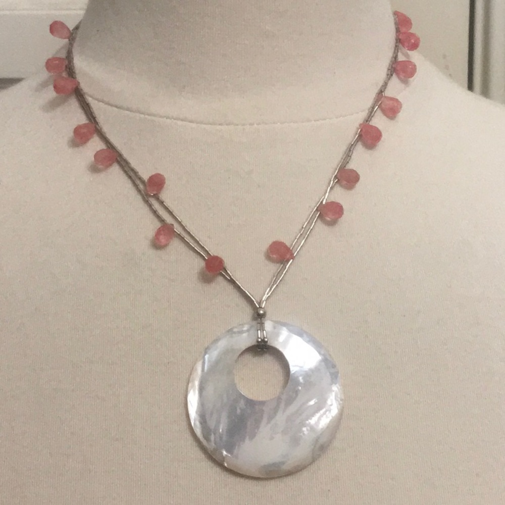 Peyote Bird 925 Double Strand Mother of Pearl Pendant Necklace